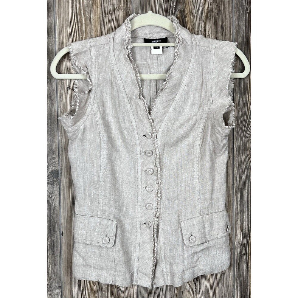 Philippe Adec‎ Linen Blouse Sleeveless Women's 6 Beige Button Up Frayed Neutral